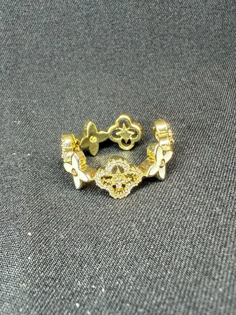 Gold Tone White Enamel Quatrefoil Clover Open Adjustable Pavé Crystal Ring